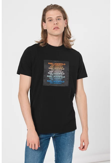 Тениска с овално деколте и лого - Черен/Оранжев/Син