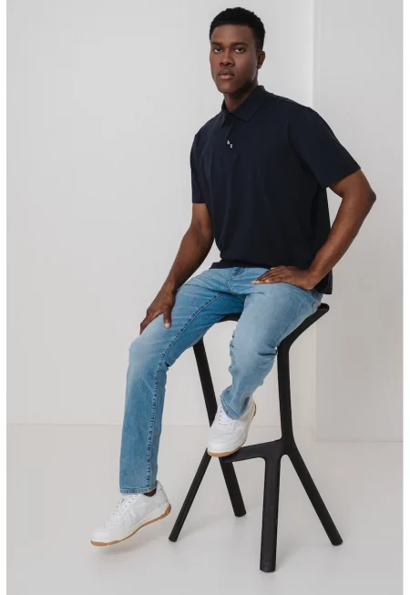 Тениска с яка и монограм - Ултрамарин синьо