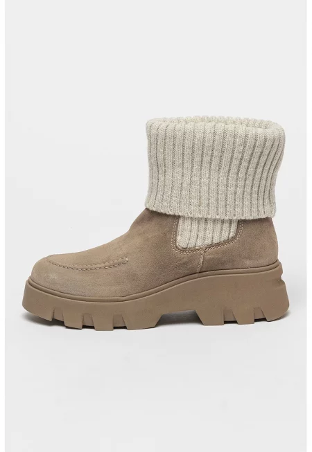 Велурени боти Chelsea с плетен панел - Сиво-кафяв/Светлосив меланж