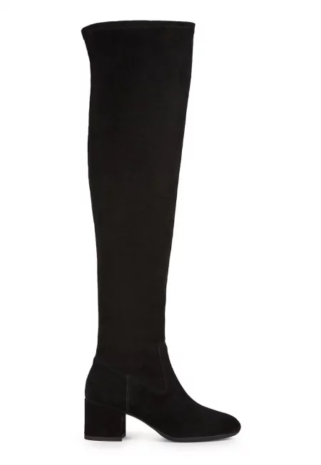Велурени ботуши до коляното с масивен ток - Черен