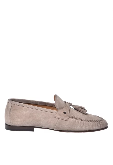 Велурени мокасини с пискюли - Светло бежово
