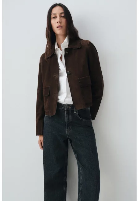 Велурено яке с джобове с капаче - Тъмнокафяв