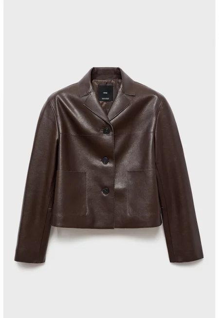 Яке от еко кожа с двойни ревери - Тъмнокафяв