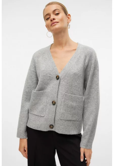 Жилетка с шпиц с пришити джобове - Сив меланж