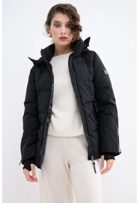 Зимно ватирано яке Alfea с качулка и колан - Черен