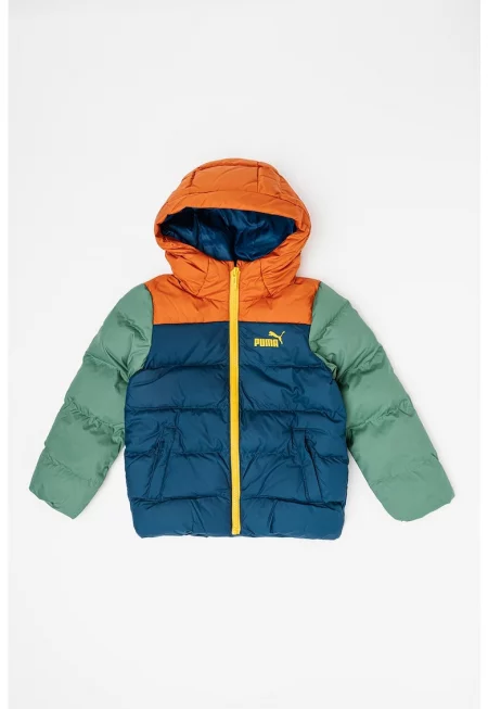 Зимно яке с дизайн с цветен блок и качулка