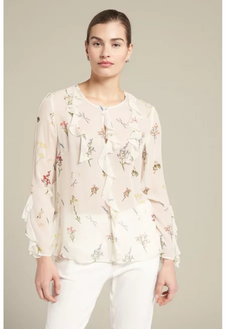 Блуза с принт и набиране - Зелен/Жълт/Крем