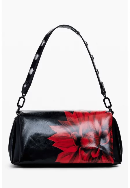 Чанта за рамо от еко кожа с флорален принт - Червен/Черен