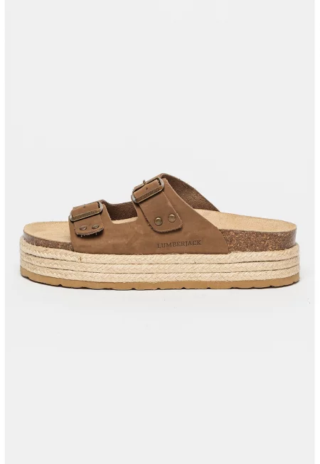 Чехли от еко кожа Ludmilla с равна платформа - Кафяв