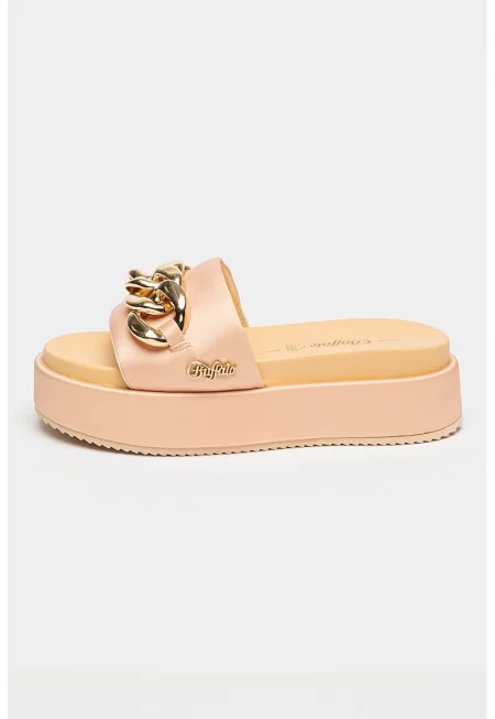 Чехли с равна платформа и верижка - Златист/Тъмнобежово