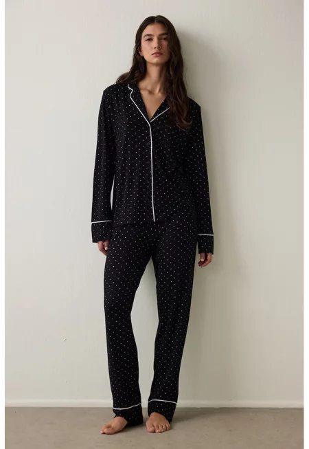 Дълга пижама на точки - Бял/Черен
