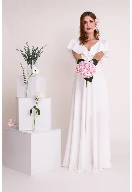 Дълга рокля Kyra с шпиц и дипли - Бял