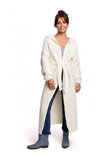 Дълга жилетка с качулка - Акрил/Найлон/Вълна - Екрю бяло - Един размер