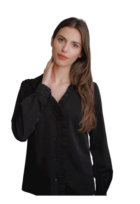 Дамска риза - Ленитиф - черна - със сърцевидно деколте - кант с волани - дълъг ръкав