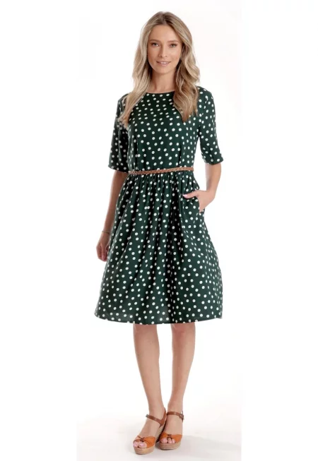 Дамска средна рокля V273 - Тъмнозелена на бели точки