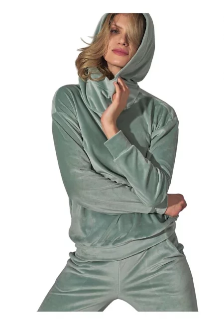 Дамски суичър  ментово зелен - висока яка - дълъг ръкав - велур - полиестер