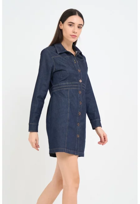 Дънкова рокля-риза с дълги ръкави - Тъмносин