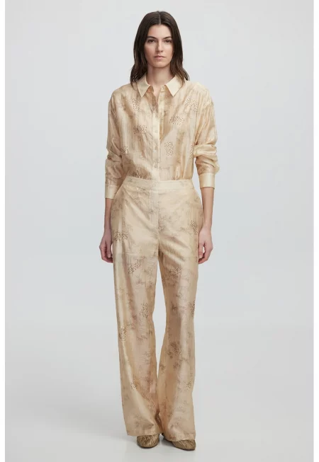 Десениран панталон с лиосел и джобове - Светло бежово