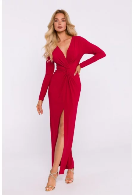 Еластична трикотажна рокля с плетка - Червен