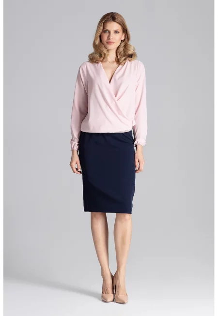 Елегантна дамска блуза -  Дълъг ръкав - Полиестер/Еластан - Розов