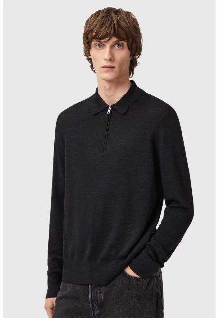 Фино плетен мериносов пуловер с къс цип - Черен меланж