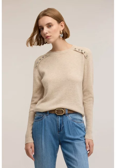 Фино плетен пуловер с вълна - Светлокафяв