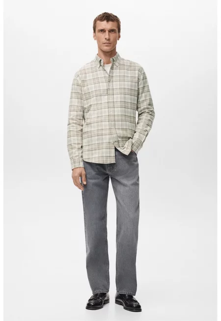 Карирана памучна риза с копчета на яката - Светло сив