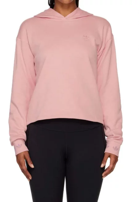 Къс суитшърт  розов - памучен - с качулка и спуснати рамене