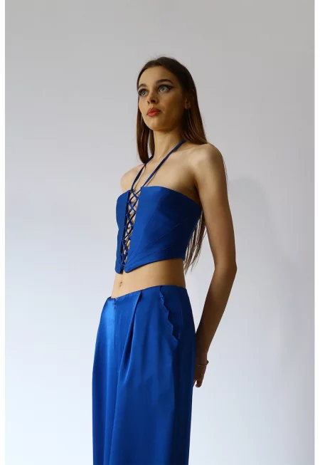 Къс топ с халтер деколте - Кралско Синьо