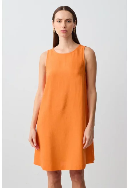 Къса рокля с лен и овално деколте - Оранжев