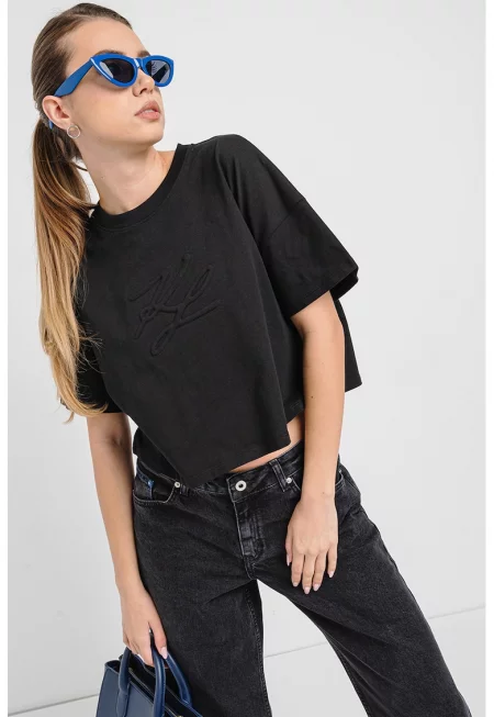 Къса свободна тениска от органичен памук - Черен