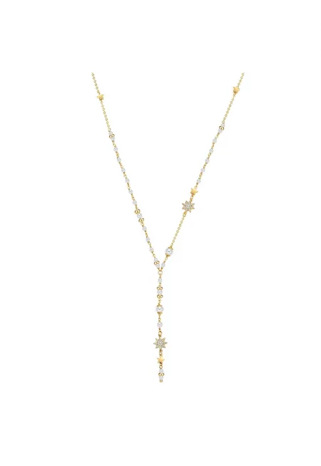 Колие с 14К златно покритие с циркони и синтетични перли - Златист