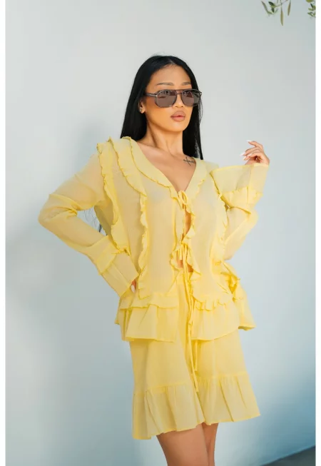 Комплект от блуза и къса пола - жълт 17616 - Жълт