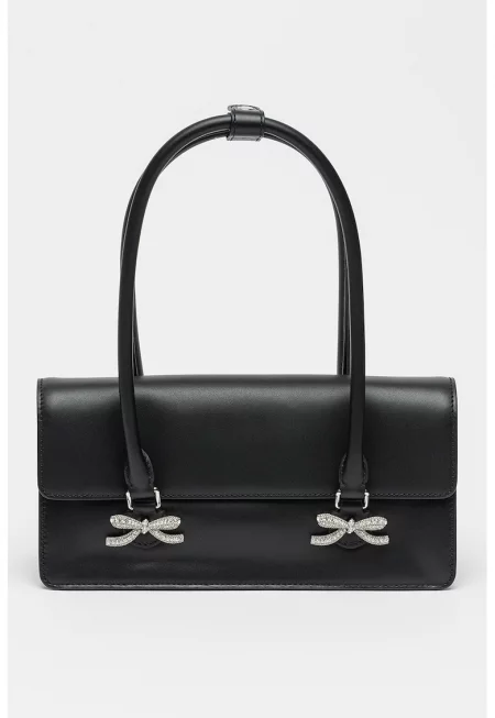 Кожена чанта с кристални панделки - Черен