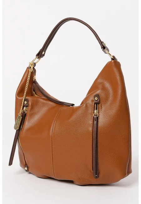 Кожена чанта с лого - Канелено кафяво