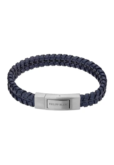 Кожена гривна с метален клипс - Сребрист/Тъмносин