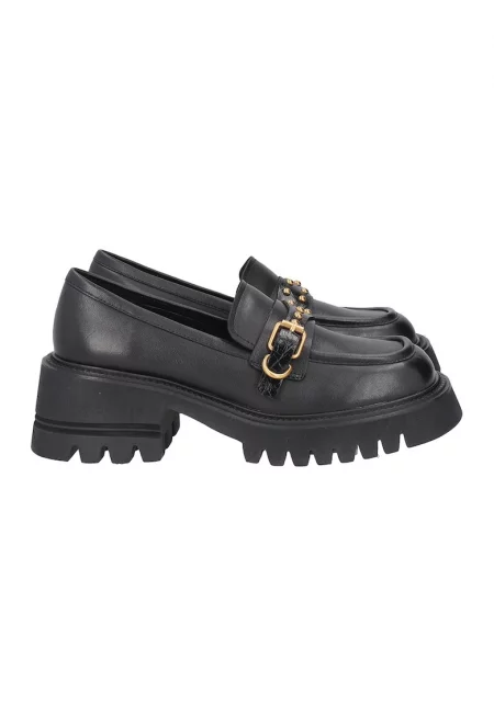 Кожени мокасини с метални токи - Черен