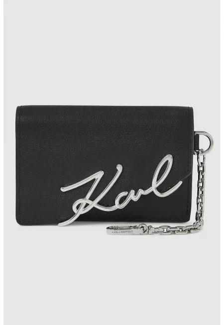 Кожено портмоне с метално лого - Черен/Сребрист