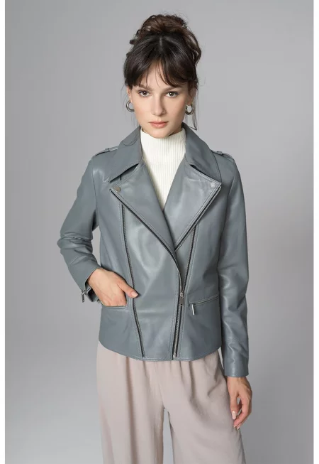 Кожено яке с джобове с цип - Сив