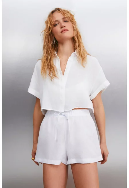 Ленен къс панталон с връзка - Бял