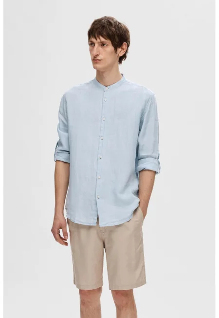 Ленена риза с малка овална яка - Небесносин