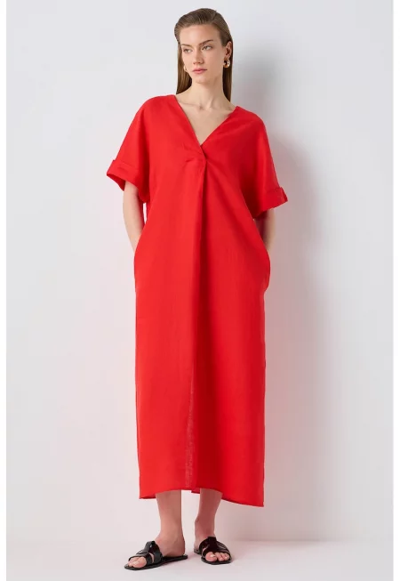 Ленена рокля с джобове - Червен