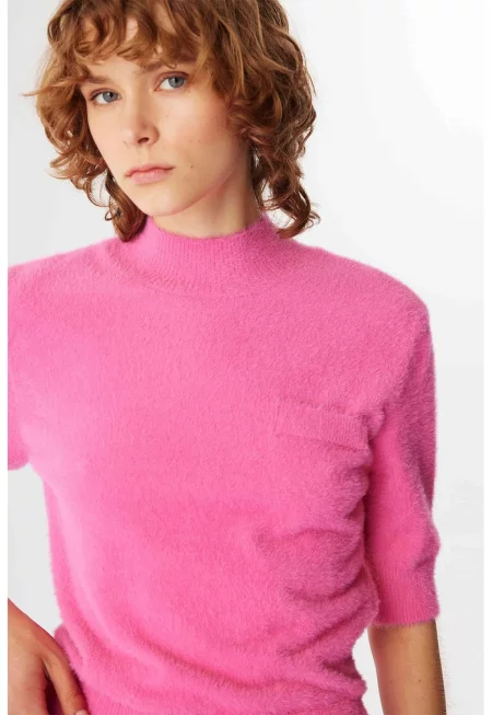 Мъхест пуловер с къси ръкави - Розово