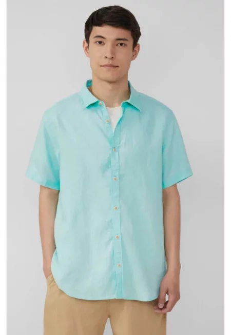 Мъжка ленена риза с къс ръкав и стандартна кройка - светлосиня - Светлосин