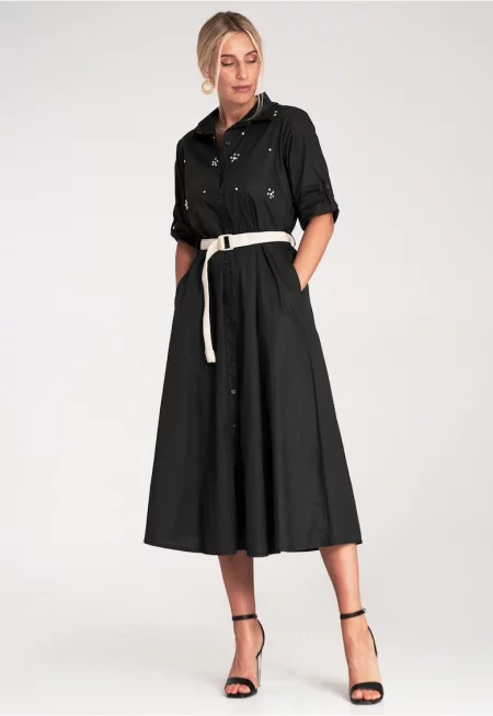 Миди рокля -  с кристали - черна - тип риза - SM