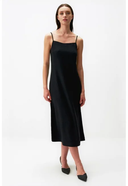 Миди рокля с лен - Черен