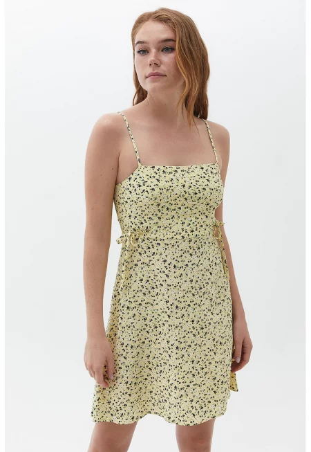 Миди рокля с тънки презрамки и флорален десен - Бял/Черен/Бледожълт