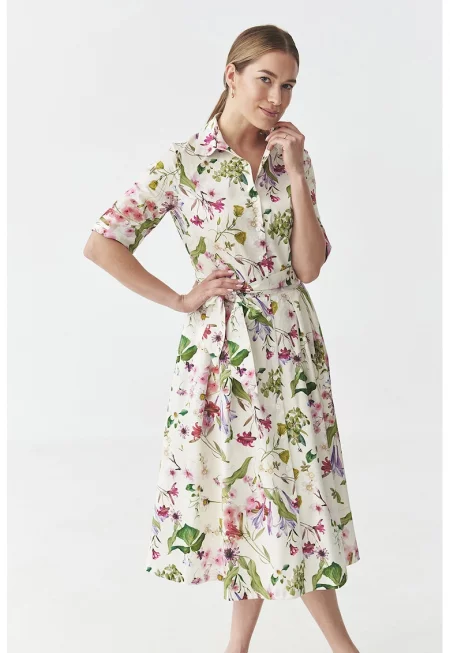 Памучна рокля Niki с флорален принт - Слонова кост/Маслинено зелено