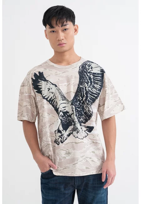 Памучна тениска с принт - Ултрамарин синьо/Бежов/Бледозелен