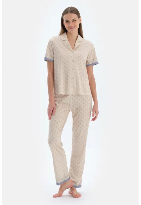 Пижама с памук и модал с къси ръкави - Прашно синьо/Светло бежово